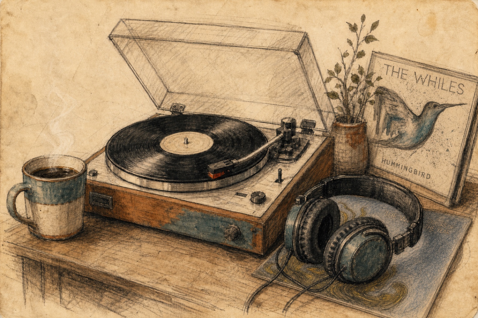 Pencil-and-ink drawing of a record player, coffee, headphones, and The Whiles album covers