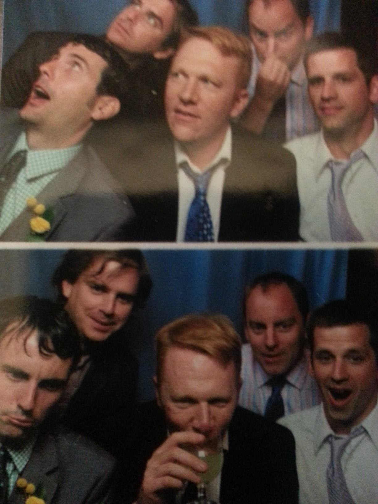 Two playful candid photographs of the five members of The Whiles dressed in suits